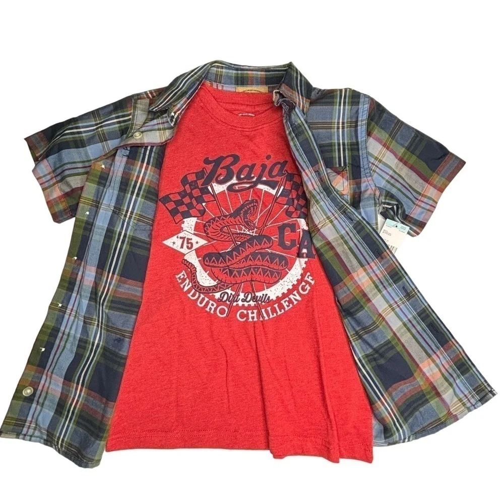 Roebuck & Co‎ Boys Tops Sz Small Plaid Short Sleeve Button Down and T Shirt Set